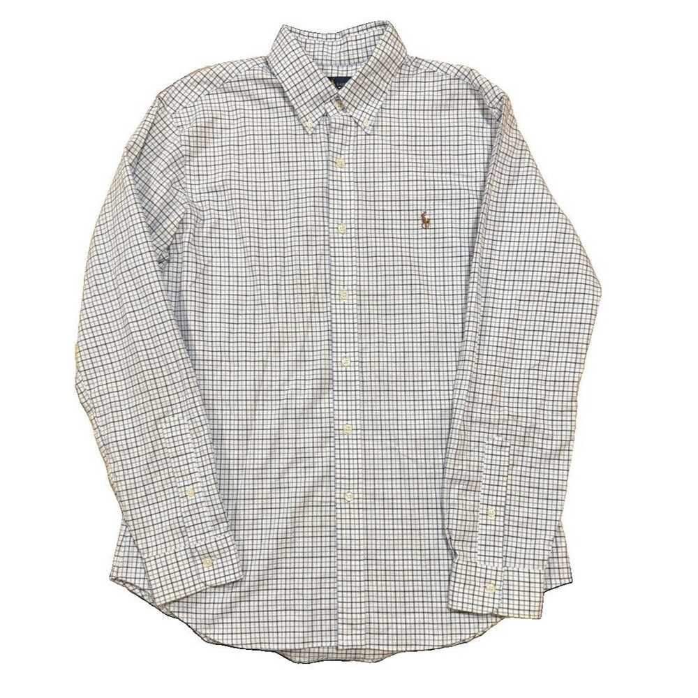 Ralph Lauren Plaid Long Sleeve Button Down Shirt Slim Fit Oxford Blue Large